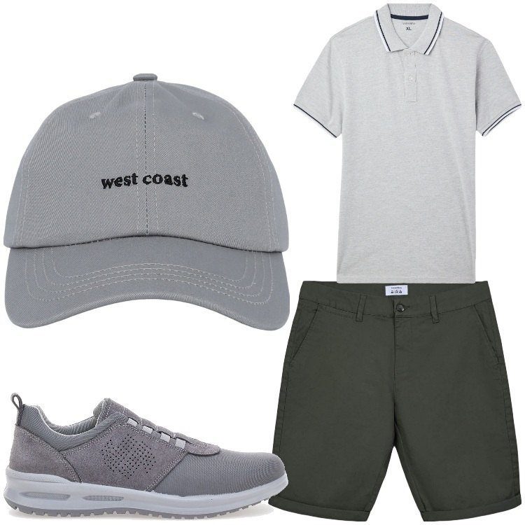 Outfit uomo - In grigio. Stile Casual per Tutti i giorni. Abbinamento con cappelli con visiera, polo, bermuda, scarpe stringate.