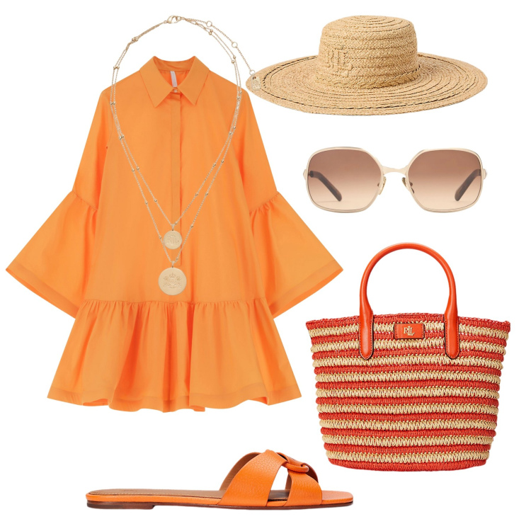 Outfit donna - Trend arancio - @danipoetessa73. Stile Trendy per Tutti i giorni. Abbinamento con vestiti chemisier, ciondoli, sandali in pelle, borse tote, cappelli, occhiali da sole.