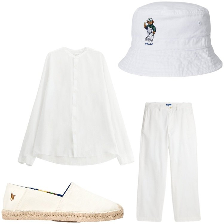 Outfit uomo - Super white. Stile Casual per Tutti i giorni. Abbinamento con camicie, pantaloni, cappelli, espadrillas.