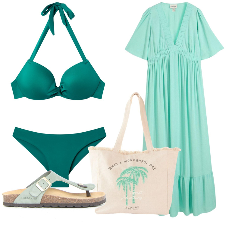 Outfit donna - Acquamarina. Stile Basic per Mare. Abbinamento con vestiti lunghi, shopping bag, bikini, bikini, infradito.