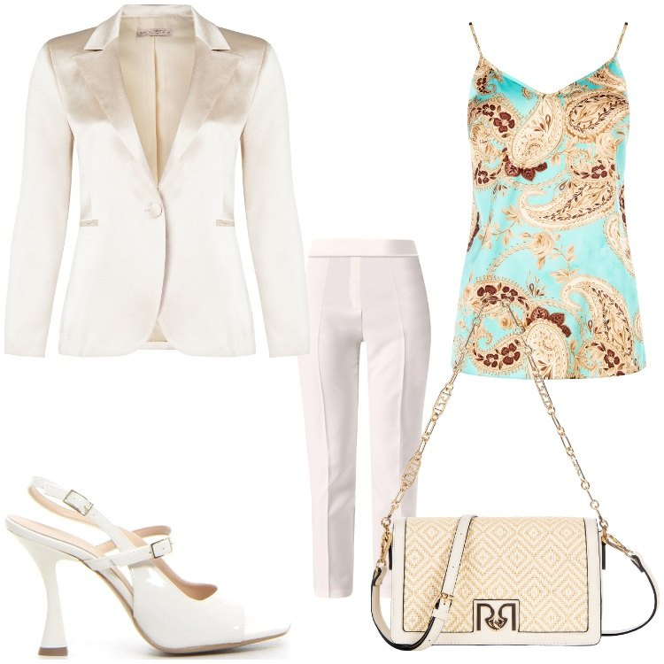 Outfit donna - Elegantemente. Stile Chic per Cerimonia. Abbinamento con pantaloni, blazer, top, borse a tracolla, sandali col tacco.
