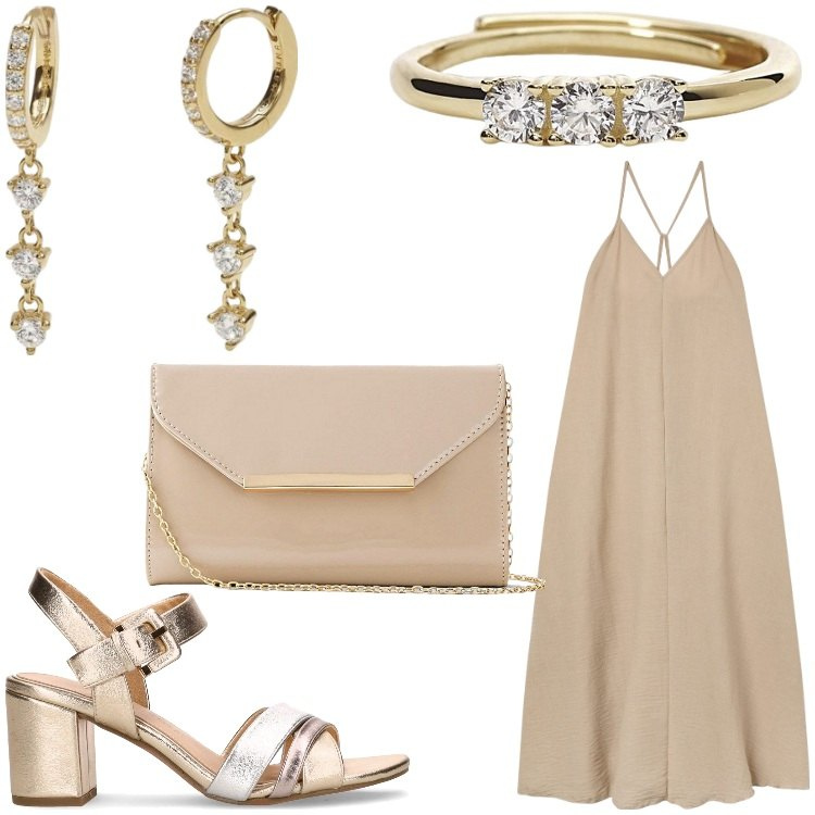 Outfit donna - Toni chiari. Stile Chic per Serata fuori. Abbinamento con pochette, vestiti lunghi, anelli, orecchini, sandali col tacco.
