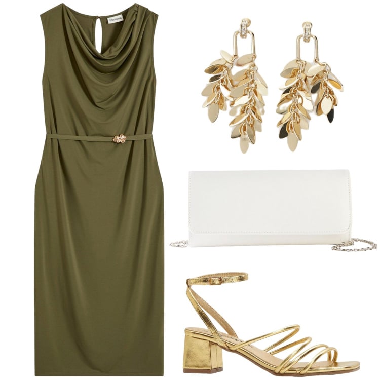 Outfit donna - Serata estiva. Stile Chic per Serata fuori. Abbinamento con sandali col tacco, pochette, vestiti, orecchini.