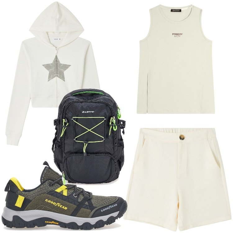 Outfit donna - In val venosta. Stile Basic per Sport. Abbinamento con bermuda, felpe con cappuccio, canottiere, zaini, scarpe sportive.