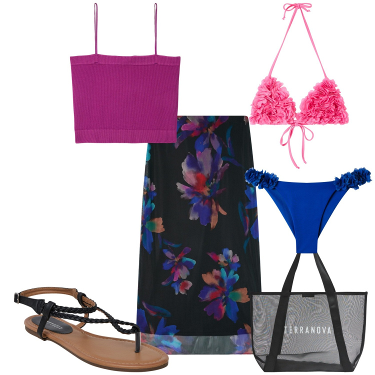 Outfit donna - Total look #2194873. Stile Romantica per Mare. Abbinamento con gonne lunghe, ciabatte, bikini, canottiere, shopping bag, bikini.