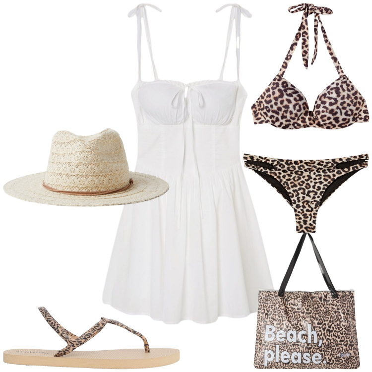 Outfit donna - Boho animalier per la spiaggia. Stile Boho per Mare. Abbinamento con vestiti corti, bikini, cappelli, borse tote, bikini, ciabatte.