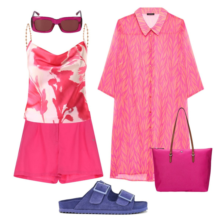 Outfit donna - Summer Pink. Stile Casual per Mare. Abbinamento con canottiere, shorts, borse tote, caftani, sandali, occhiali da sole.