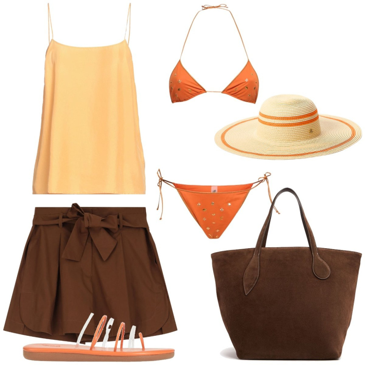 Outfit donna - Total look #2194885. Stile Casual chic per Mare. Abbinamento con top, ciabatte, shorts, cappelli, shopping bag, bikini.