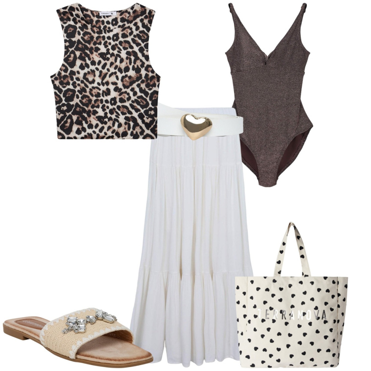 Outfit donna - Total look #2194889. Stile Glamour per Mare. Abbinamento con gonne lunghe, top, ciabatte, cinture, borse tote, costumi interi.