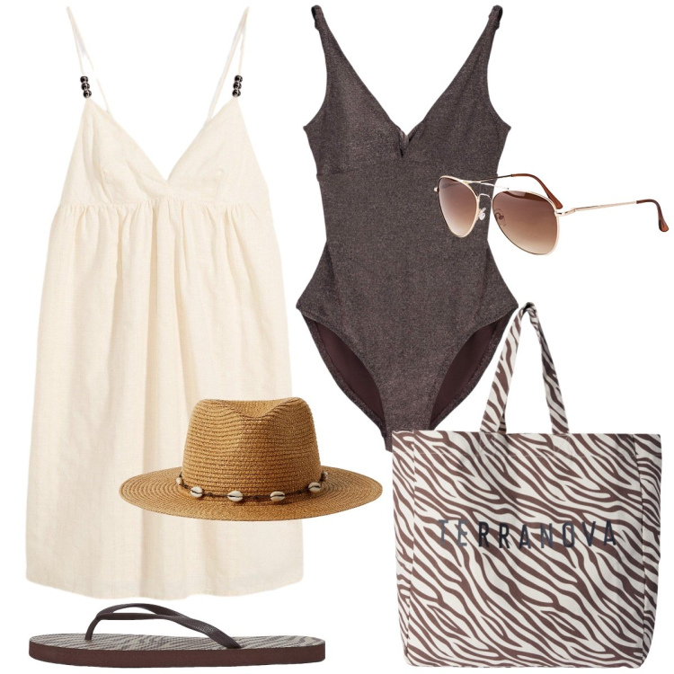 Outfit donna - Al mare. Stile Chic per Mare. Abbinamento con occhiali da sole, vestiti corti, borse tote, infradito, costumi interi, cappelli.