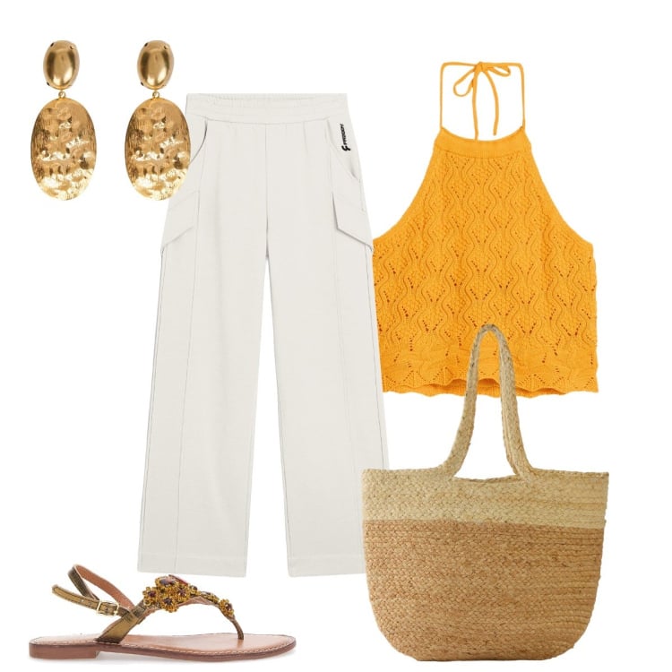 Outfit donna - Il top arancione. Stile Casual chic per Tutti i giorni. Abbinamento con top, shopping bag, pantaloni, sandali gioiello, orecchini.