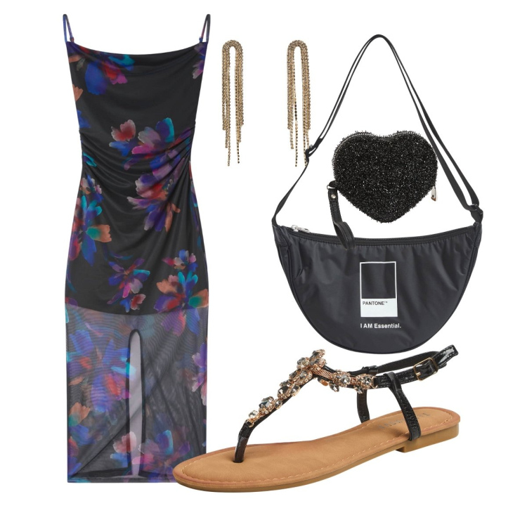 Outfit donna - Black Pantone. Stile Casual chic per Serata fuori. Abbinamento con vestiti lunghi, marsupi, orecchini, portafogli, sandali gioiello.