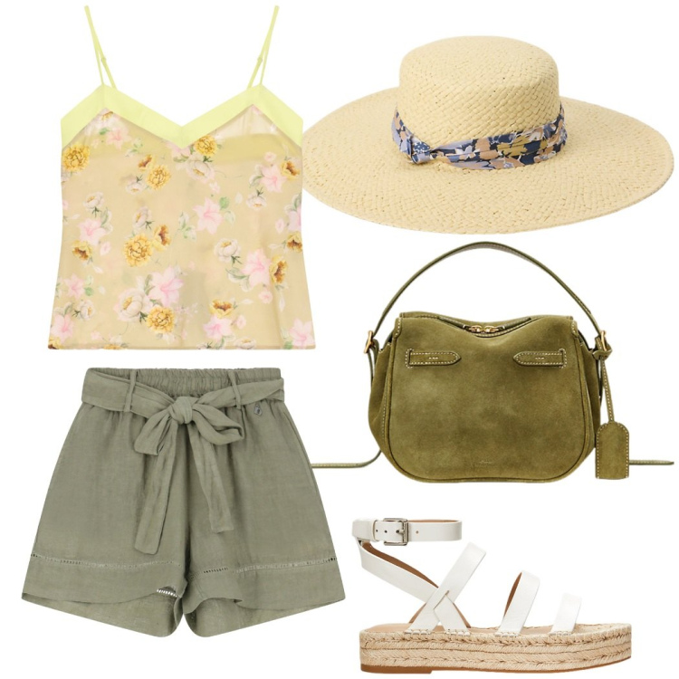 Outfit donna - Turista. Stile Casual chic per Tutti i giorni. Abbinamento con canottiere, shorts, borse a mano, espadrillas, cappelli.