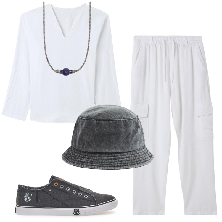 Outfit uomo - Lino o misto lino. Stile Casual per Tutti i giorni. Abbinamento con camicie, cappelli, pantaloni cargo, collane, sneakers.