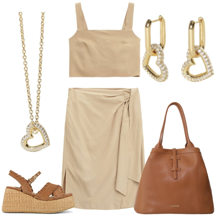 Outfit donna - Total look #2194915. Stile Casual chic per Tutti i giorni. Abbinamento con orecchini, collane, borse tote, gonne longuette, top, zeppe.