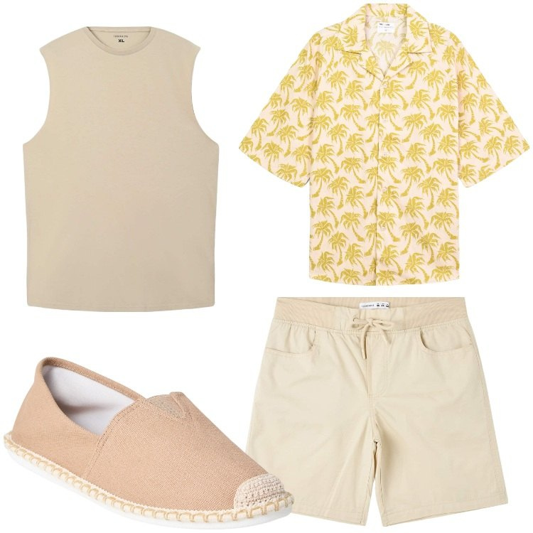 Outfit uomo - Palm beach. Stile Casual per Tutti i giorni. Abbinamento con shorts, espadrillas, canottiere, camicie a manica corta.