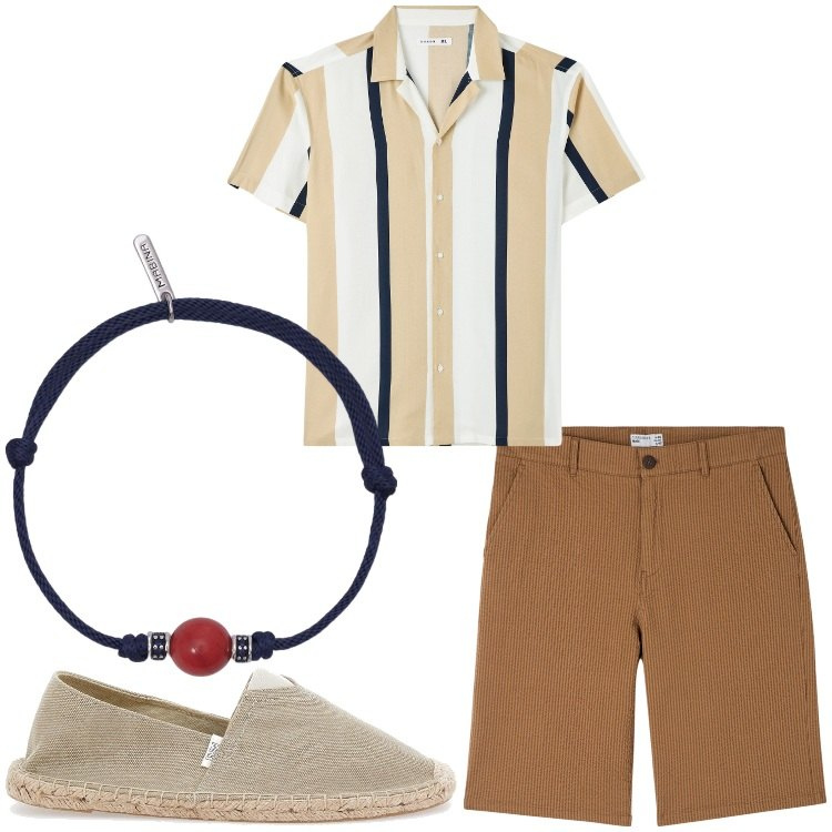 Outfit uomo - Righe. Stile Casual per Tutti i giorni. Abbinamento con camicie a manica corta, bermuda, braccialetti, espadrillas.