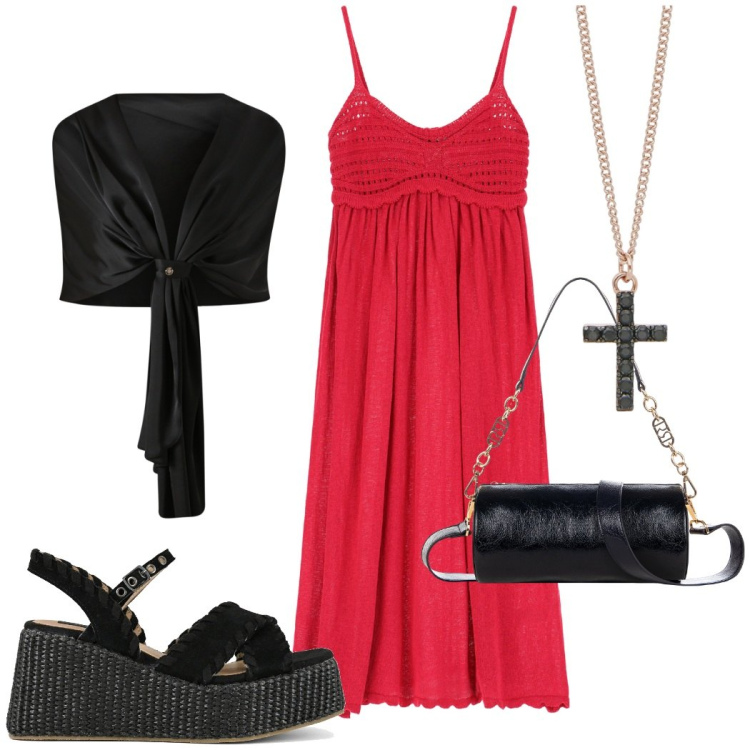 Outfit donna - Sere d\'estate. Stile Sexy per Serata fuori. Abbinamento con collane, scialli, borse a mano, vestiti, zeppe.