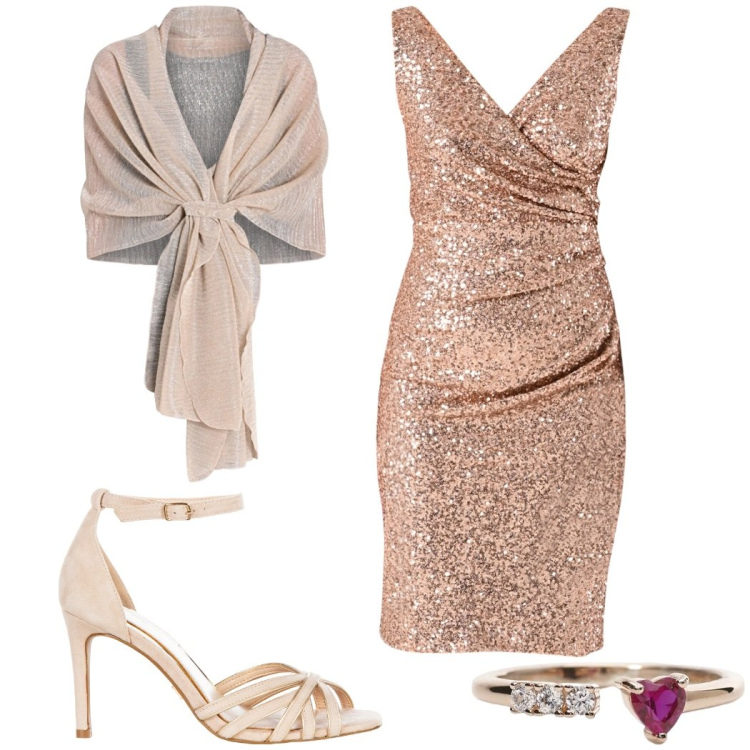 Outfit donna - Party. Stile Sexy per Serata fuori. Abbinamento con anelli, stole, vestiti a tubino, sandali col tacco.