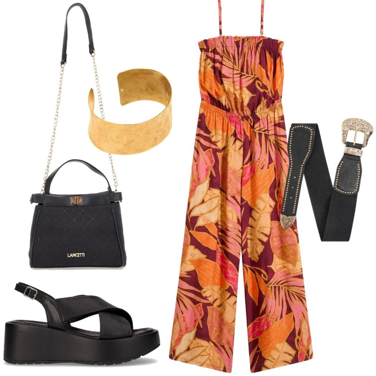 Outfit donna - Etnico chic. Stile Etnico per Serata fuori. Abbinamento con tute, cinture, borse a tracolla, sandali, braccialetti.
