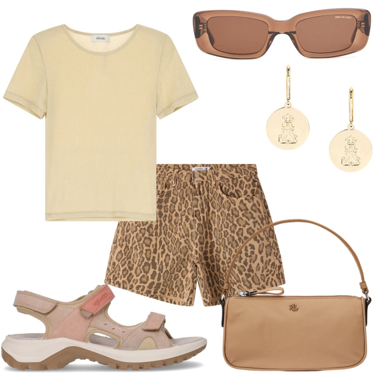 Outfit donna - Visita della città. Stile Urban per Tutti i giorni. Abbinamento con shorts, t-shirt, orecchini, pochette, sandali, occhiali da sole.