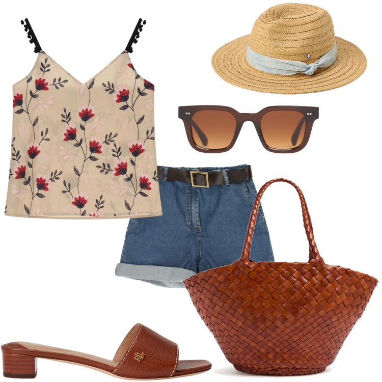 Outfit donna - Passeggiata di mattina. Stile Casual chic per Tutti i giorni. Abbinamento con bermuda, top, sandali in pelle, cappelli, shopping bag, occhiali da sole.