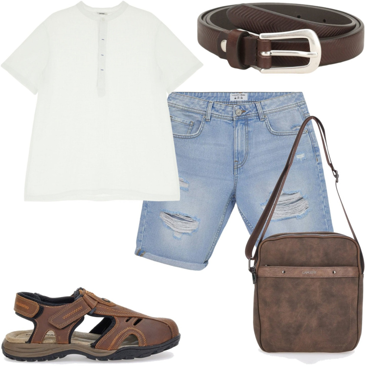 Outfit uomo - Estate in giro. Stile Urban per Tutti i giorni. Abbinamento con bermuda, cinture, t-shirt, portafogli, sandali.