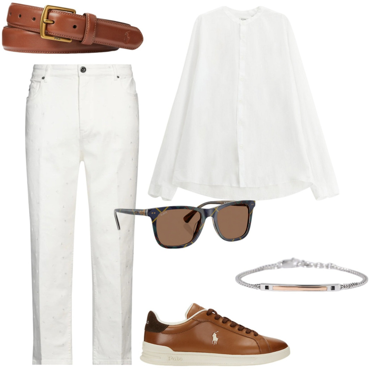 Outfit uomo - Lino Total White. Stile Casual per Tutti i giorni. Abbinamento con pantaloni, braccialetti, camicie, cinture, sneakers, occhiali da sole.
