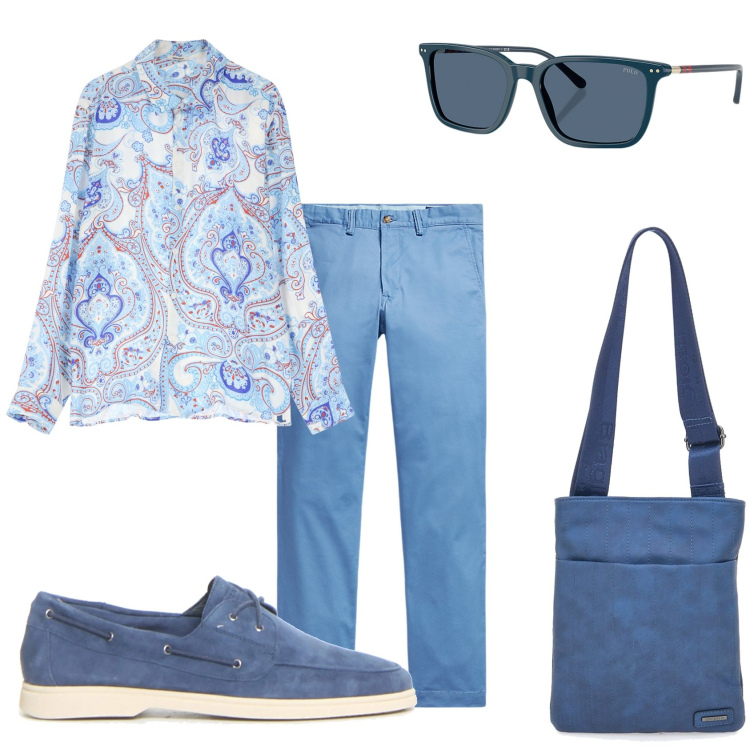 Outfit uomo - Pantaloni in chino e fantasia. Stile Trendy per Tutti i giorni. Abbinamento con camicie, occhiali da sole, pantaloni, portafogli, scarpe stringate.