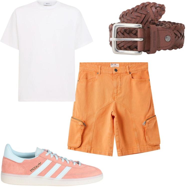 Outfit uomo - Estate colorata. Stile Urban per Tutti i giorni. Abbinamento con sneakers, pantaloni corti, cinture, t-shirt.