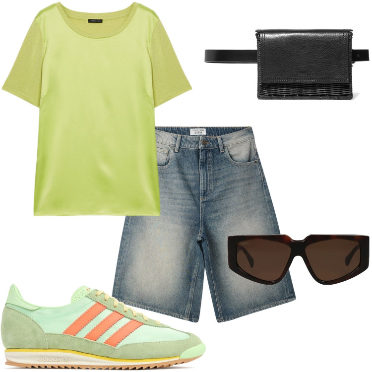 Outfit donna - Visitare la città. Stile Urban per Tutti i giorni. Abbinamento con marsupi, occhiali da sole, bermuda, t-shirt, sneakers.