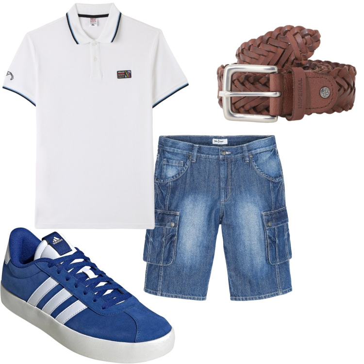 Outfit uomo - Visitare la città. Stile Urban per Tutti i giorni. Abbinamento con bermuda, polo, cinture, sneakers.