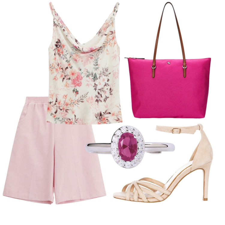 Outfit donna - Il top con i bermuda. Stile Bon Ton per Tutti i giorni. Abbinamento con anelli, sandali col tacco, canottiere, shorts, borse tote.