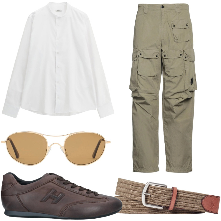 Outfit uomo - Pantalone cargo e camicia. Stile Urban per Tutti i giorni. Abbinamento con pantaloni cargo, sneakers, camicie, cinture, occhiali da sole.