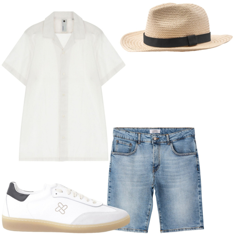 Outfit uomo - Passeggiata nel parco. Stile Trendy per Tutti i giorni. Abbinamento con bermuda, sneakers, camicie a manica corta, cappelli.