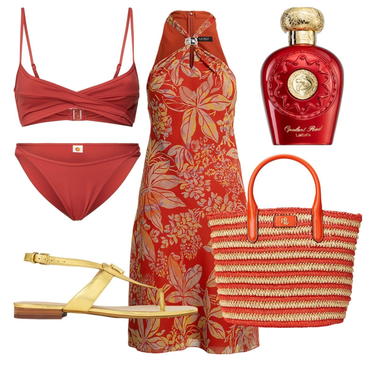 Outfit donna - Perfetta in spiaggia. Stile Boho per Mare. Abbinamento con profumi, vestiti, sandali in pelle, borse tote, bikini, bikini.