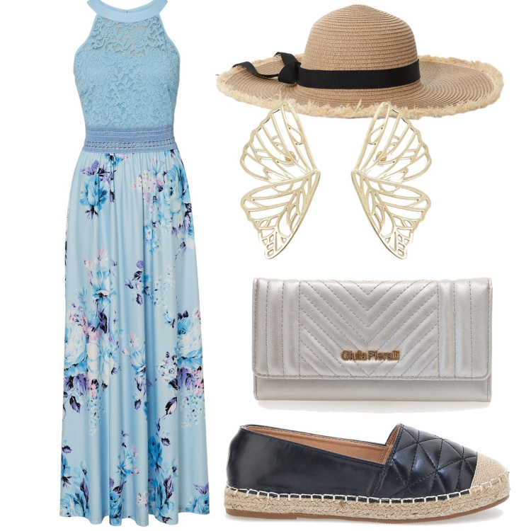 Outfit donna - Espa per il lungomare. Stile Glamour per Serata fuori. Abbinamento con vestiti lunghi, cappelli, orecchini, espadrillas, portafogli.