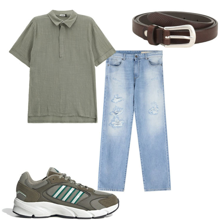 Outfit uomo - Polo e jeans. Stile Urban per Tutti i giorni. Abbinamento con cinture, polo, jeans strappati, sneakers.