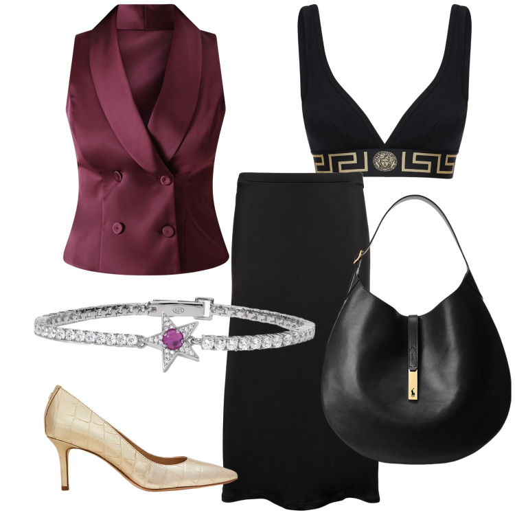 Outfit donna - Gilet in raso per la cena chic. Stile Chic per Serata fuori. Abbinamento con braccialetti, gilet, borse a spalla, décolleté, reggiseni, gonne longuette.