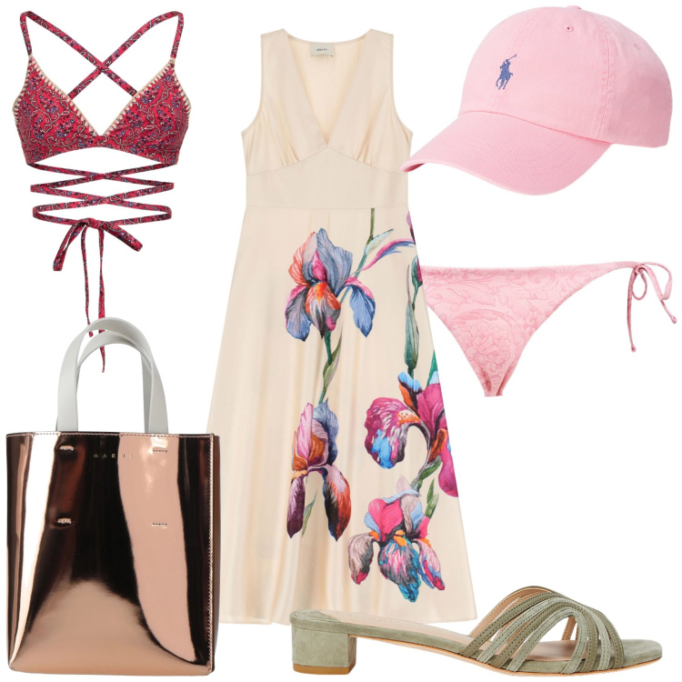Outfit donna - Spiaggia mix chic. Stile Trendy per Mare. Abbinamento con borse a mano, vestiti senza maniche, cappelli, sandali in pelle, bikini, bikini.
