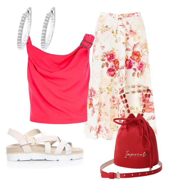 Outfit donna - In città. Stile Bon Ton per Tutti i giorni. Abbinamento con orecchini, gonne longuette, top, borse a secchiello, sandali.
