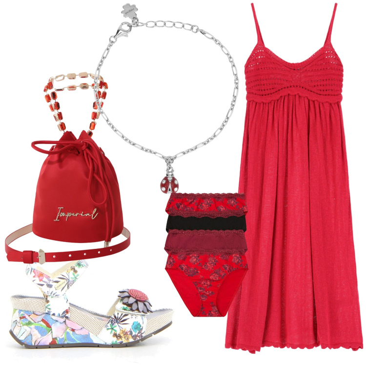 Outfit donna - Good luck. Stile Trendy per Tutti i giorni. Abbinamento con culotte, braccialetti con ciondoli, vestiti, borse a secchiello, sandali.