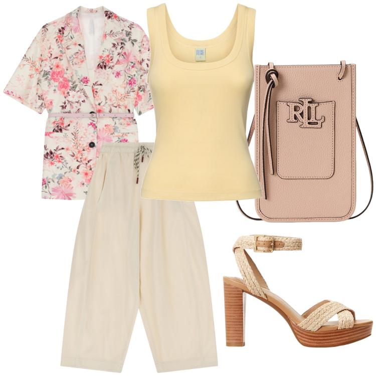 Outfit donna - La giacca fiorita. Stile Urban per Ufficio. Abbinamento con blazer, pantaloni, sandali, borse a tracolla, top.