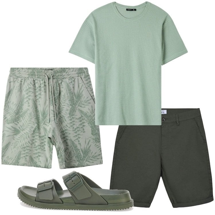 Outfit uomo - Al mare in verde. Stile Casual per Mare. Abbinamento con t-shirt, costumi, bermuda, sandali.