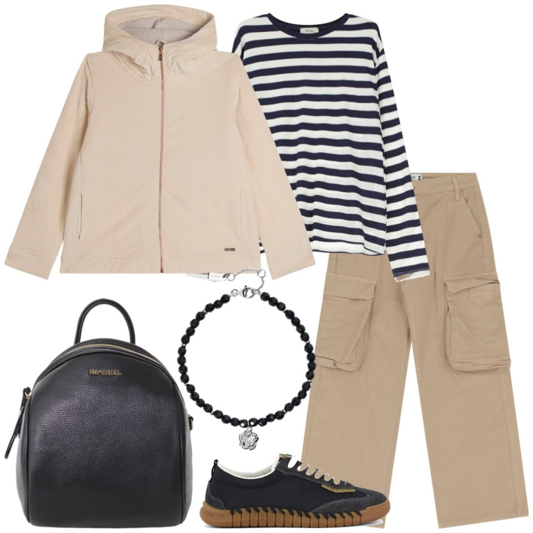 Outfit donna - Total look #2195016. Stile Casual per Tutti i giorni. Abbinamento con braccialetti, pantaloni chino, zaini, blazer, t-shirt, sneakers.