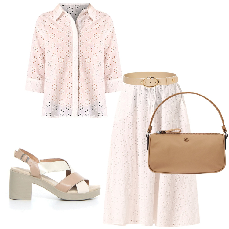 Outfit donna - Saldi estivi Rinascimento. Stile Boho per Ufficio. Abbinamento con camicie, gonne longuette, cinture, pochette, sandali col tacco.