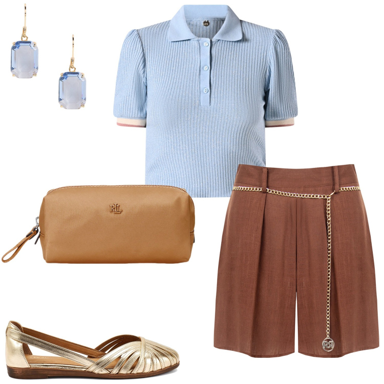 Outfit donna - Saldi estivi Rinascimento. Stile Casual chic per Ufficio. Abbinamento con shorts, polo, orecchini, pochette, ballerine.