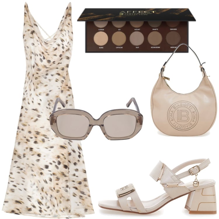 Outfit donna - Vestito maculato. Stile Basic per Tutti i giorni. Abbinamento con eyeliner, vestiti, sandali col tacco, borse a spalla, occhiali da sole.