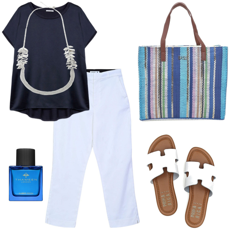 Outfit donna - Passeggiata lungomare. Stile Casual per Serata fuori. Abbinamento con profumi, pantaloni, collane, t-shirt, shopping bag, ciabatte.
