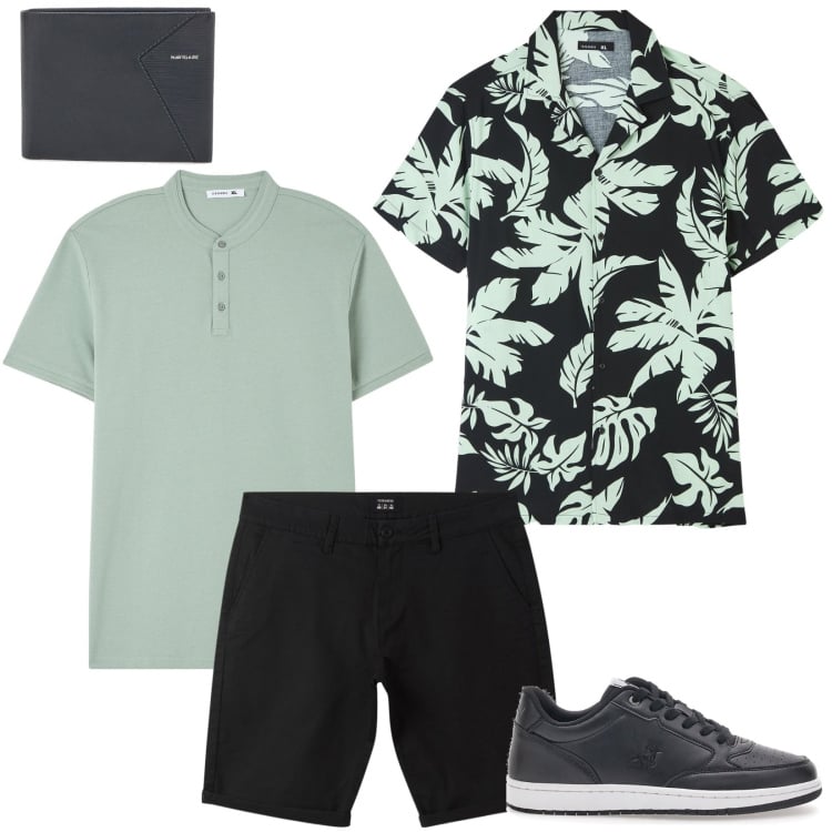Outfit uomo - La camicia che fa subito estate!. Stile Casual per Tutti i giorni. Abbinamento con bermuda, t-shirt, camicie a manica corta, sneakers, portafogli.